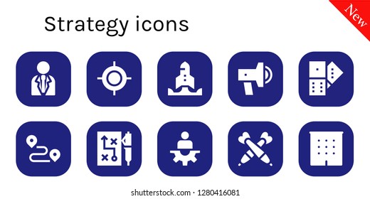  strategy icon set. 10 filled strategy icons. Simple modern icons about  - Businessman, Target, Startup, Promotion, Domino, Track, Strategy, Manager, Darts, Office