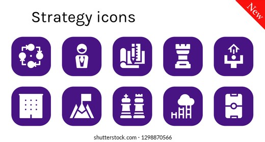  strategy icon set. 10 filled strategy icons. Simple modern icons about  - Strategy, Manager, Plan, Chess, Motivation, Office, Goal, Football