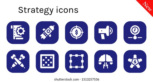 strategy icon set. 10 filled strategy icons.  Simple modern icons about  - Planning, Startup, Target, Promotion, Processing, Darts, Chess board, Transformation, Brainstorming
