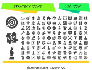 strategy icon set. 120 filled strategy icons.  Collection Of - Target, Bishop, Puzzle, Track, Checker, Chess, Brainstorming, Meeting, Transformation, Goal, Job search, Maze, Funnel