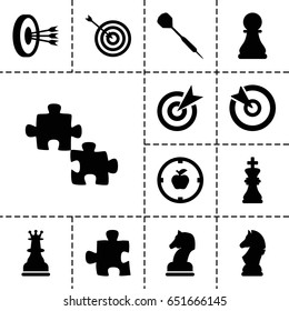 Strategy icon. set of 13 filled strategyicons such as target, dart, chess king, chess horse, apple target, arrows in target