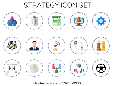 strategy icon set. 15 flat strategy icons.  Simple modern icons about  - meeting, businessman, business, influencer, startup, chess, reflect, brainstorm, affiliate, football