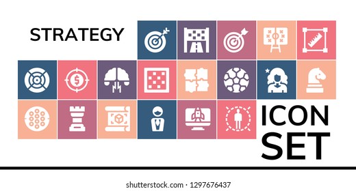  strategy icon set. 19 filled strategy icons. Simple modern icons about  - Target, Dart, Hockey, Chess, Plan, Manager, Startup, Brainstorming, Chess board, Puzzle, Football, Influencer