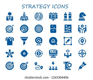 strategy icon set. 30 filled strategy icons. Simple modern icons about  - Businessman, Meeting, Maze, Scoreboard, Chess, Target, Dartboard, Dominoes, Planning, Football jersey