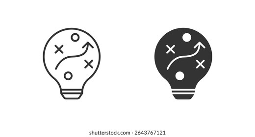 Conjunto de iconos de estrategia. Un icono negro de una bombilla de estrategia, que representa la planificación.