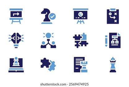 Strategy icon set. Bold style. Duotone colors. strategy, planning, queen, brainstorming, puzzlepieces, creativebrain, whiteboard, laptop, projectplan, puzzle.