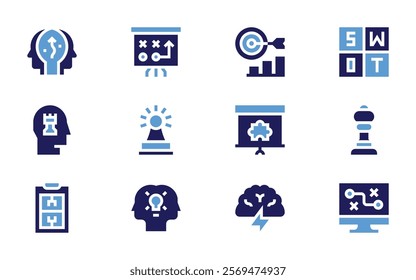 Strategy icon set. Bold style. Duotone colors. strategy, swotanalysis, brainstorming, coworking, presentation, chesspiece, trainer, strategic, strategicconsulting.