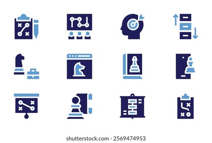 Strategy icon set. Bold style. Duotone colors. strategy, chess, book, planning, marketing, prioritize, strategicplanning.