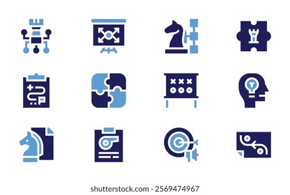 Strategy icon set. Bold style. Duotone colors. strategy, puzzle, clipboard, expansion, idea, target.
