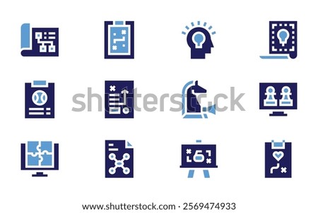 Strategy icon set. Bold style. Duotone colors. strategy, idea, innovation, clipboard, plan, chess, puzzle, planning.