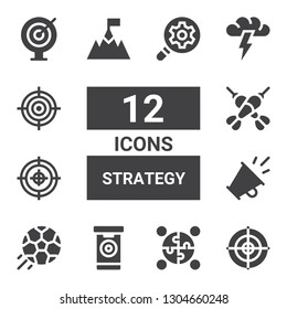 strategy icon set. Collection of 12 filled strategy icons included Dartboard, Puzzle, Darts, Football, Promotion, Target, Goal, Brainstorming, Search engine optimization