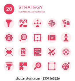 strategy icon set. Collection of 20 filled strategy icons included Funnel, Pinball, Influencer, Goal, Businessman, Resources, Search engine optimization, Allocation, CRM, Pawn