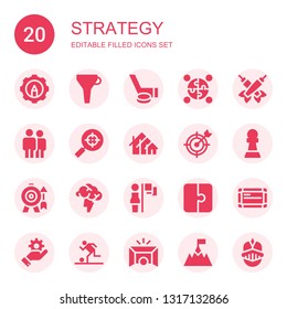 strategy icon set. Collection of 20 filled strategy icons included Resources, Funnel, Hockey, Puzzle, Darts, Coworkers, Search engine, Icon, Goal, Pawn, Brainstorming, Leadership