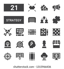 strategy icon set. Collection of 21 filled strategy icons included Football, Goal, Margin, Target, Market, Pawn, Brainstorm, Incubator, Ground pad, Strategy, Whiteboard, Darts