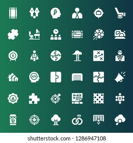 strategy icon set. Collection of 36 filled strategy icons included Seo, Goal, Engagement, Target, Market, Meeting, Ground pad, Strategy, Puzzle, Resources, Promotion, Programmer