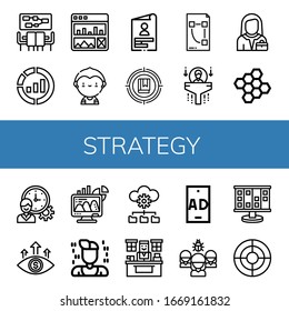 strategy icon set. Collection of Meeting, Marketing, Web analytics, Soccer player, Skills, Target, Plan, Human resources, Entrepreneur, Bond, Time management, Focus, Office icons