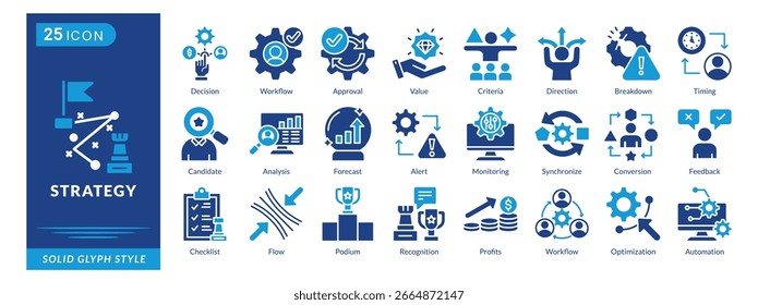 conjunto de ícones de estratégia coleção em estilo de estrutura de tópicos. um pacote de ícones contém decisão, workflow, aprovação, valor, critérios, direção, divisão, tempo, candidato, análise