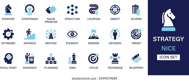 Strategy icon set collection. Solve problem, structure, location, object, scheme, optimized, advance, method, eyesight and best solid icon set.