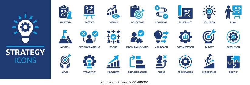 Strategy icon set. Containing goal, tactics, vision, plan, objective, roadmap, problem-solving, mission, solution and execution. Solid vector icons collection.