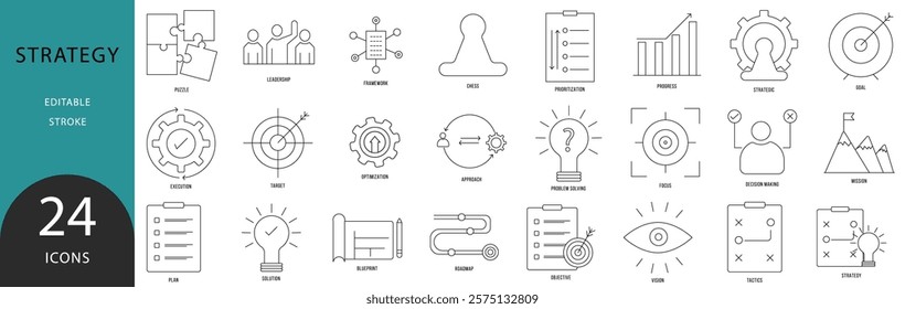 Strategy icon set. Containing goal, tactics, vision, plan, objective, roadmap, problem-solving, mission. vector icons collection.