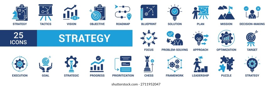 Conjunto de ícones de estratégia. Contendo meta, táticas, visão, plano, objetivo, roteiro, solução de problemas, missão, solução e execução. Coleção de ícones de vetor sólido.