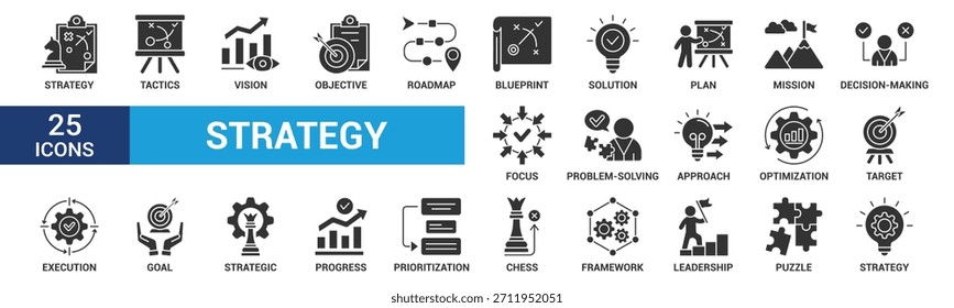 Conjunto de ícones de estratégia. Contendo meta, táticas, visão, plano, objetivo, roteiro, solução de problemas, missão, solução e execução. Coleção de ícones de vetor de glifos.