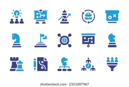 Strategy icon set. Duotone color. Vector illustration. Containing brainstorming, strategy, work in progress, chess piece, achievement, business strategy, planning, chess, team management, filter.