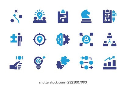 Strategy icon set. Duotone color. Vector illustration. Containing strategy, creative team, business strategy, location, user, connection, coin toss, marketing strategy, jigsaw, process, money growth.