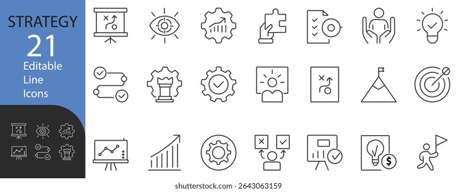 Strategy icon set. Editable line icons on business planning, vision, goal setting, decision making, problem solving, and execution. Clean, minimal vector design.