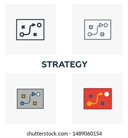 Strategy icon set. Four elements in diferent styles from business icons collection. Creative strategy icons filled, outline, colored and flat symbols.