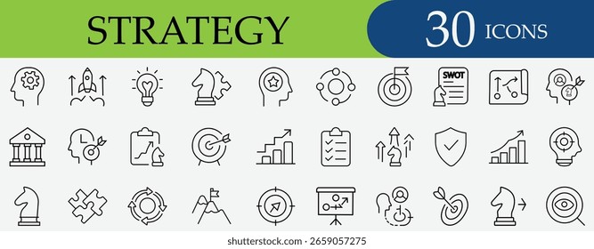 Strategy icon set with goal, plan, idea, success, teamwork, leadership, puzzle, solution, business growth, project, target, marketing.