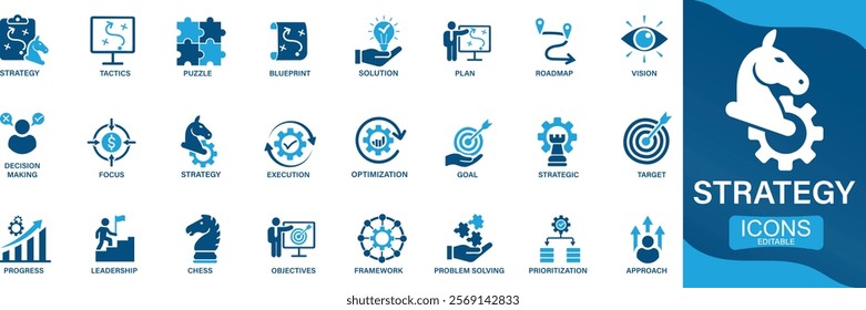 Strategy icon set .goal, tactics, vision, plan, objective, roadmap, problem-solving, mission, solution You can easily change the color.