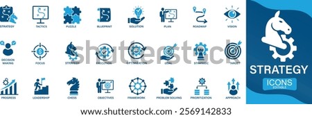 Strategy icon set .goal, tactics, vision, plan, objective, roadmap, problem-solving, mission, solution You can easily change the color.