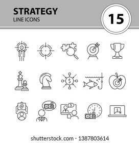 Strategy icon set. Line icons collection on white background. Goal, game, achievement. Start-up concept. Can be used for topics like business, development, targeting