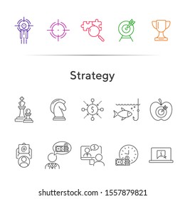 Strategy icon set. Line icons collection on white background. Goal, game, achievement. Start-up concept. Can be used for topics like business, development, targeting