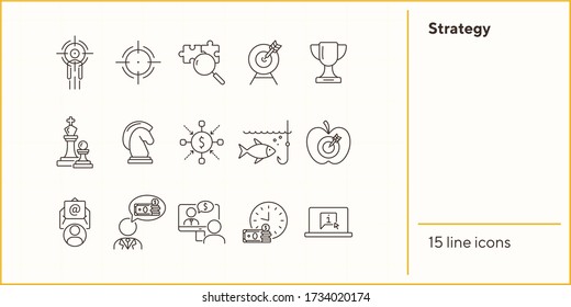 Conjunto de iconos de estrategia. Colección de iconos de línea en fondo blanco. Objetivo, juego, logro. Concepto de inicio. Se puede usar para temas como negocios, desarrollo, objetivos