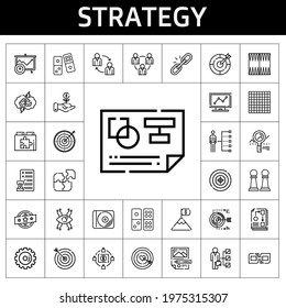 strategy icon set. line icon style. strategy related icons such as goal, workflow, backgammon, link, investment, dart board, target, skills, analytics, planning, vision
