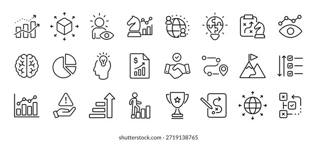 Gliederungsstil für Strategiesymbol festlegen. Sammlung von Symbolen für Geschäftsstrategie-Positionen. Aktionsplanung und Unternehmensführungskonzept. Datendiagramm, Analyse, Roadmap, Metriken und Vision-Symbole.