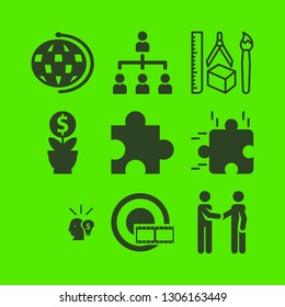 strategy icon set with puzzle, design tools and meeting vector illustration