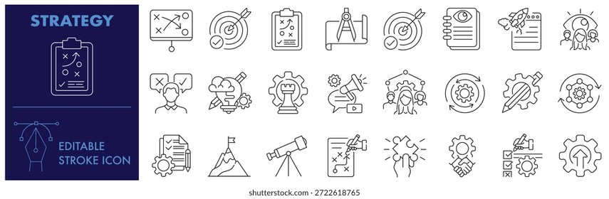 Strategy Icon Set.  Tactics, Vision, Solution, Plan, Mission, Decision making, Chess, Leadership, Focus, Goal and Editable Stroke Icon