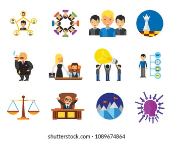 Strategy Icon Set. Team Structure Common Idea Director Executive Manager Rich Person Team Time Management Challenge Boss Scales Strategic Management Vision Team Leader