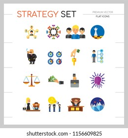 Strategy Icon Set. Team Structure Common Idea Director Executive Manager Rich Person Team Time Management Challenge Boss Scales Strategic Management Vision Team Leader