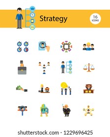 Strategy Icon Set. Team Structure Common Idea Director Executive Manager Rich Person Team Time Management Challenge Boss Scales Strategic Management Vision Team Leader