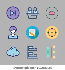 strategy icon set. vector set about next, diagram, bar chart and notes icons set.