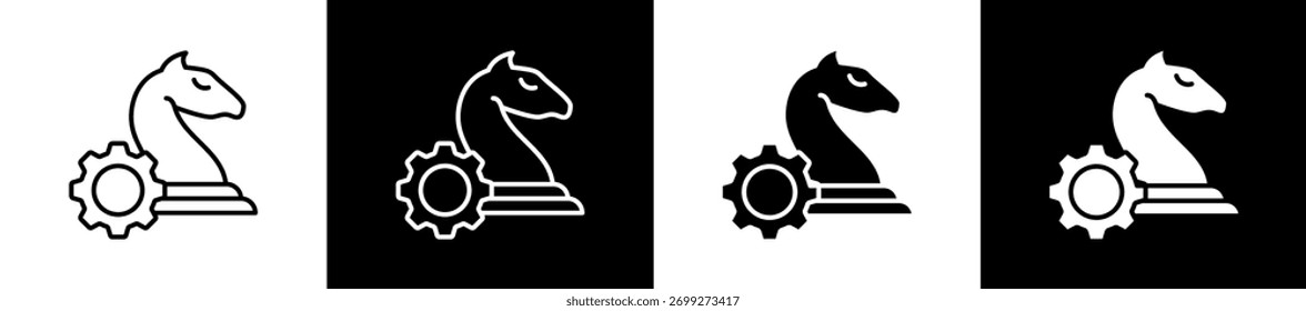 Variaciones del icono de estrategia en estilo de línea y glifo sobre fondo blanco y negro