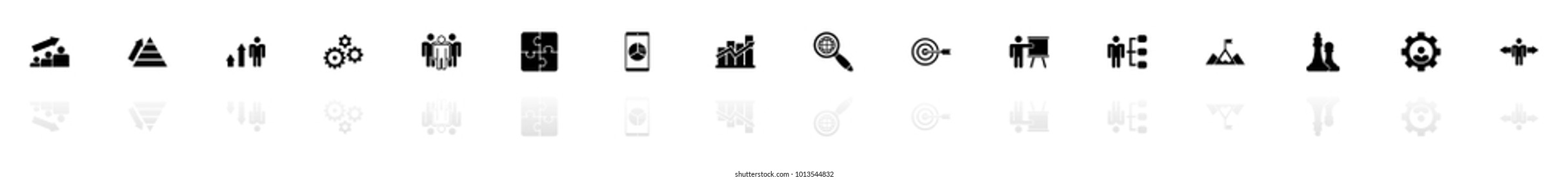 Strategy icons - Black horizontal Illustration symbol on White Background with a mirror Shadow reflection. Flat Vector Icon.