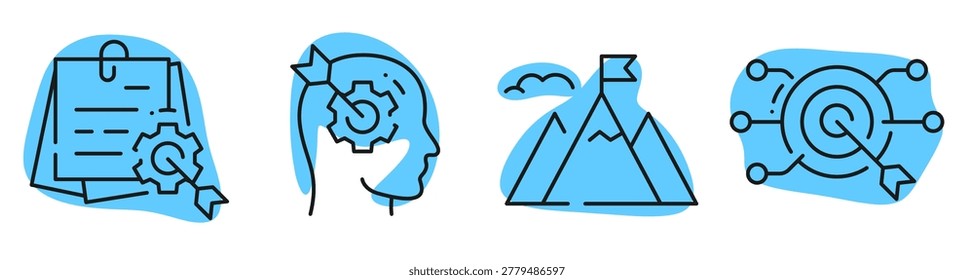 Strategy icons depicting goals and planning on white background. Editable stroke