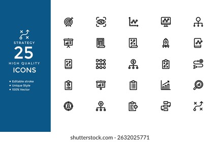Iconos de estrategia – Conjunto de Vectores de esquemas de planificación, objetivo, idea, proceso y éxito