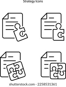Strategy icons with puzzle outline,  Jigsaw Challenge, Puzzle pieces icons. Fun solution, Solve piece of problem. Tests person ingenuity or knowledge. Set of Jigsaw puzzle game pieces. Vector