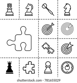Strategy icons. set of 13 editable outline strategy icons such as chess king, target, puzzle, apple target, dart